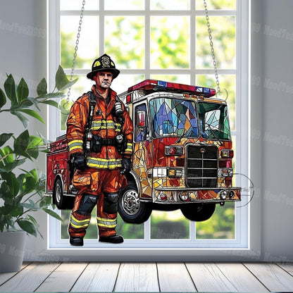Firefighter Window Hanging, Fire Truck Art, Heroic Firefighter Decor, First Responder Window Decor, Stained Glass Style Fireman