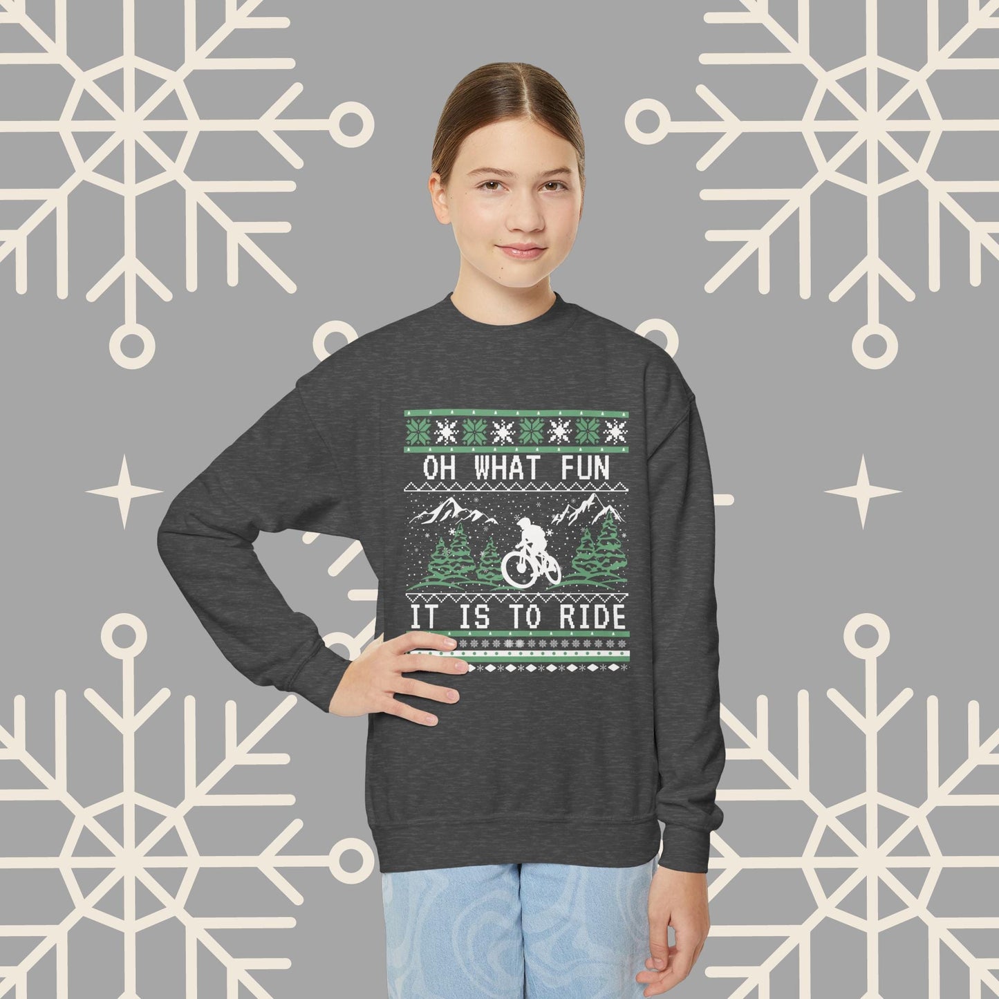 Youth Mountain Biking Christmas Sweatshirt, Biker Ugly Christmas for Kids, Holiday Cycling Crewneck, Mountain Bike Gift for Boys
