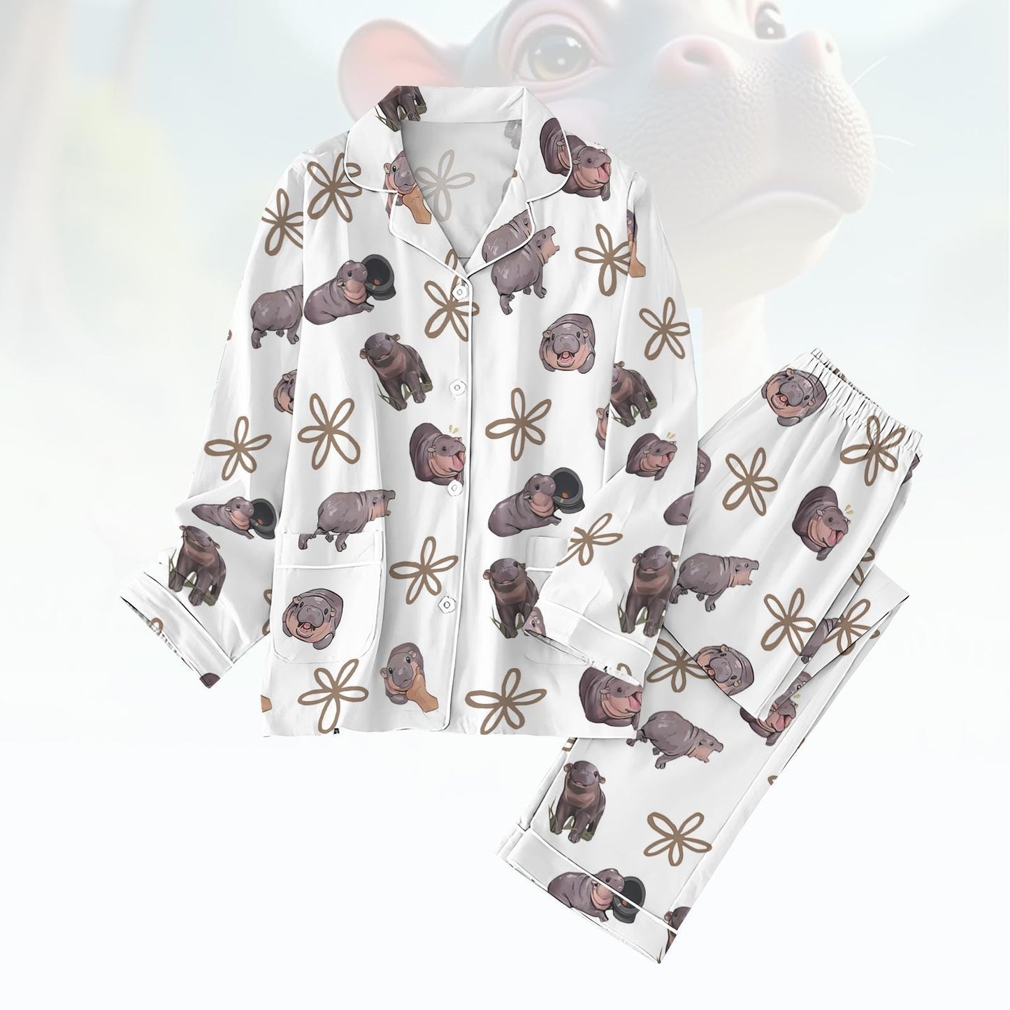 Moo Deng Pajamas Set, Baby Hippo Shirt, Hippopotamus Womens Pajamas, Trendy Pajamas For Party, Cute Animal Holiday Pajamas, Funny Gift