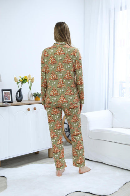 Gingerbread Tree Pajama Set – Festive Button-Up Loungewear with Adorable Holiday Tree Print for Cozy Winter Nights