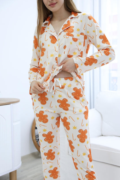 Gingerbread Pajama Set – Festive Button-Up Sleepwear for Women, Cozy Holiday Loungewear with Gingerbread
