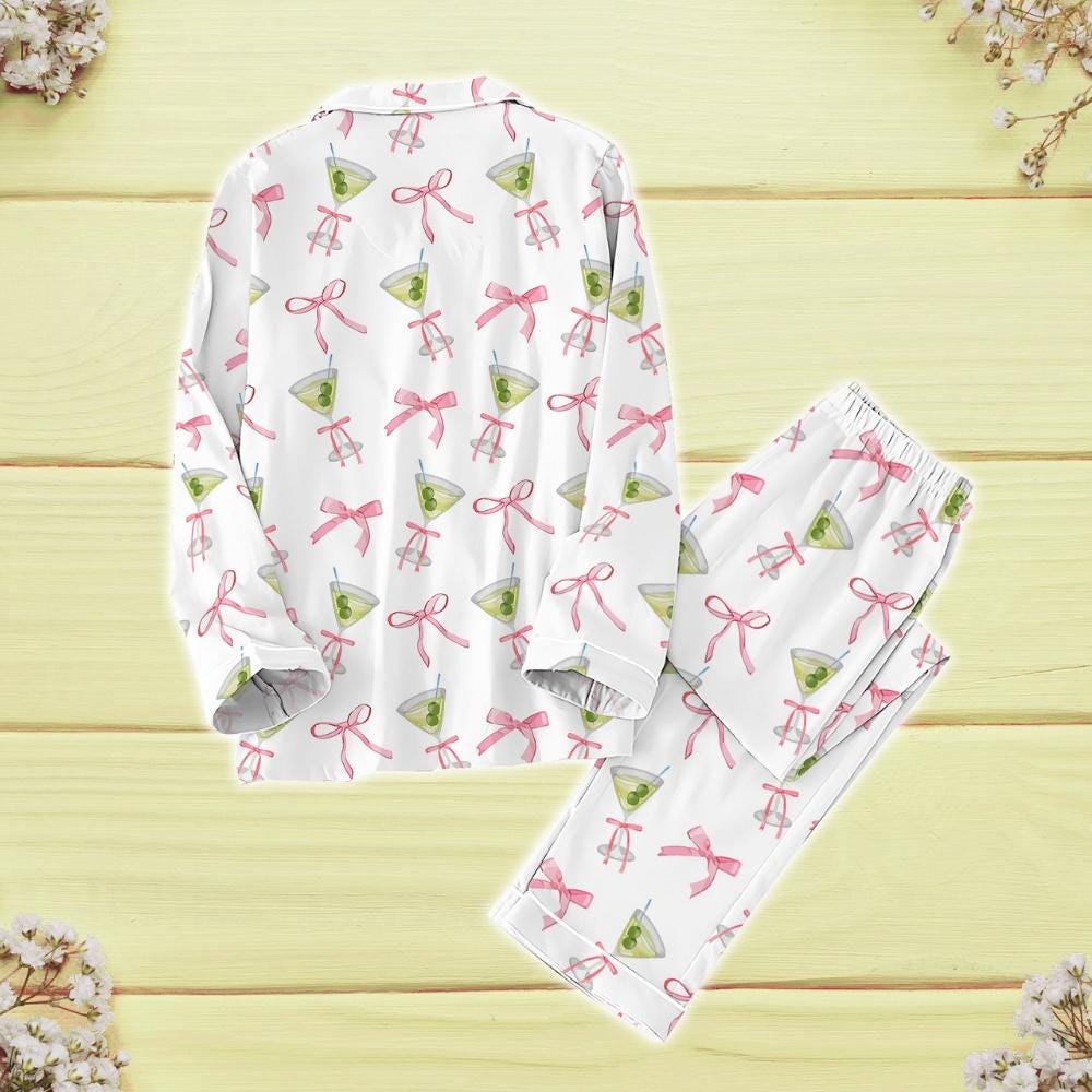 Cocktail Coquette Bow Pajamas Set, Martitni Gift Valentine Pajamas, Bachelorette Party Pajamas Shirt, Tini Time Pajamas, Gift For Her