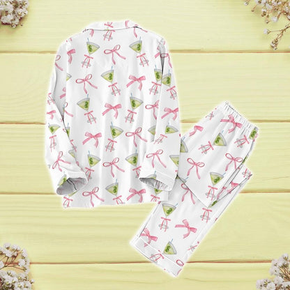 Cocktail Coquette Bow Pajamas Set, Martitni Gift Valentine Pajamas, Bachelorette Party Pajamas Shirt, Tini Time Pajamas, Gift For Her