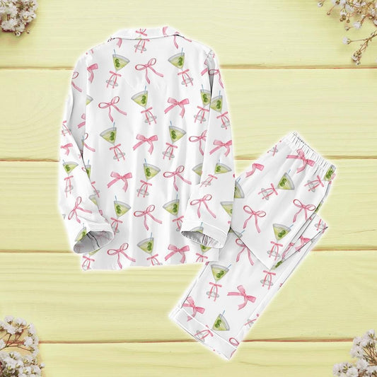 Cocktail Coquette Bow Pajamas Set, Martitni Gift Valentine Pajamas, Bachelorette Party Pajamas Shirt, Tini Time Pajamas, Gift For Her