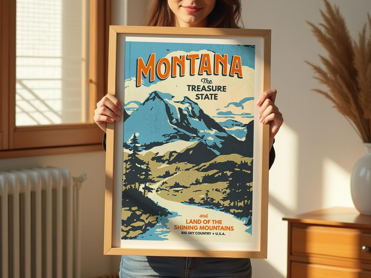 Montana Travel Print Retro Montana Art Treasure State Travel Poster Montana Gift for Friend Outdoorsy Wall Decor