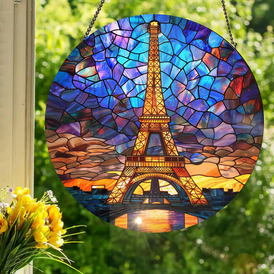 Eiffel Tower - Paris, France: Stained Glass Style Window Hanging Made With Real Glass