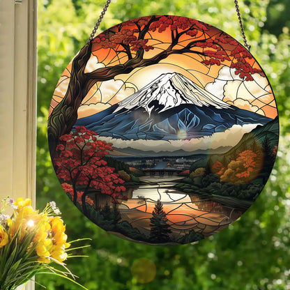 Mount Fuji - Honshu, Japan: Stained Glass Style Window Hanging