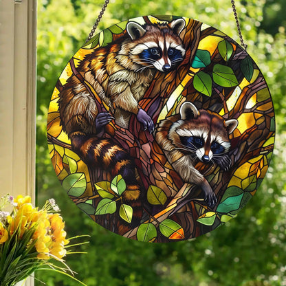 Woodland Raccoons: Stained Glass Style Window Hanging