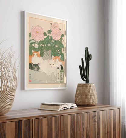 Ukiyo-e Cats Print: Japanese Bathroom Art, Minimalist Decor