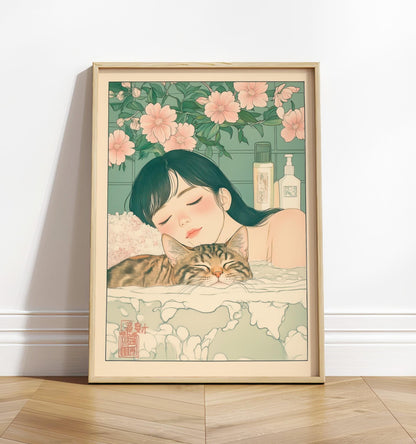 Ukiyo-e Woman and Tabby Cat Art: Japanese Bathroom Print