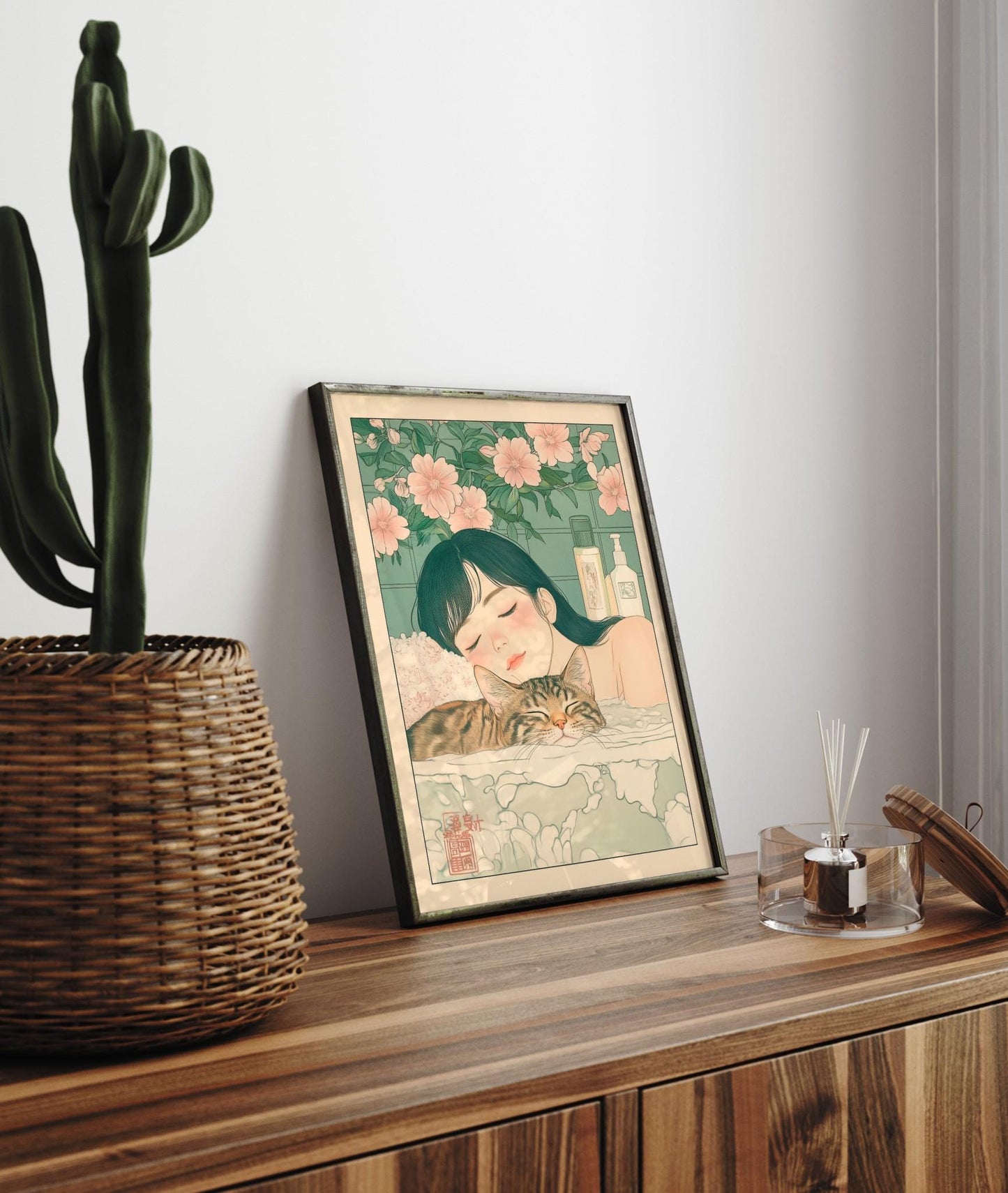 Ukiyo-e Woman and Tabby Cat Art: Japanese Bathroom Print