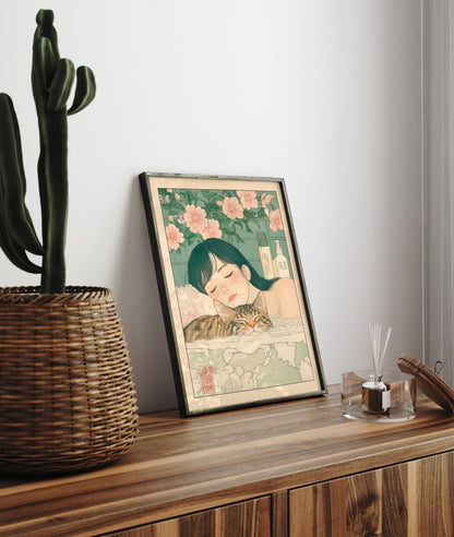 Ukiyo-e Woman and Tabby Cat Art: Japanese Bathroom Print