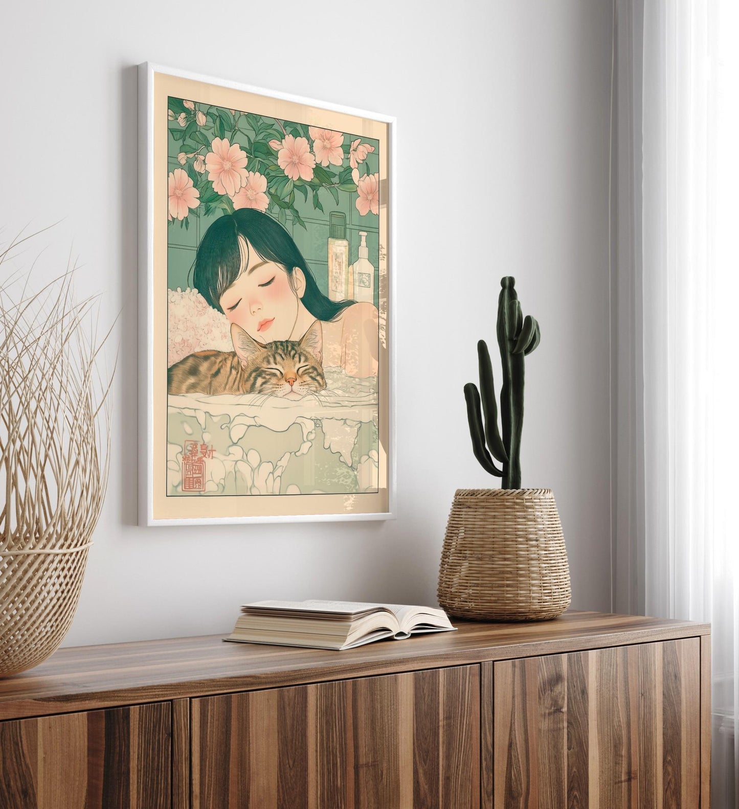 Ukiyo-e Woman and Tabby Cat Art: Japanese Bathroom Print