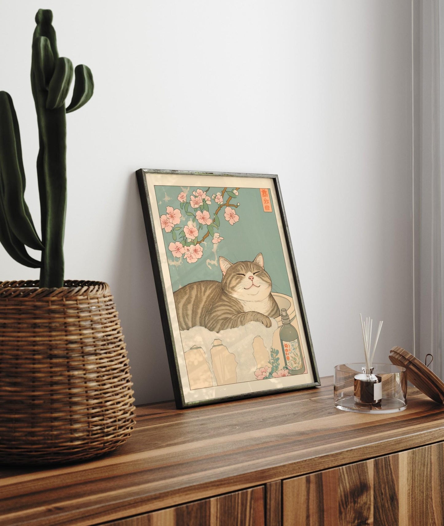 Japanese Ukiyo-e Cat Print: Tabby Cat in Bathtub, Japandi Bathroom Art