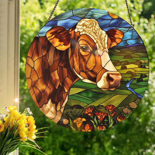 Brown Cow: Stained Glass Style Window Hanging
