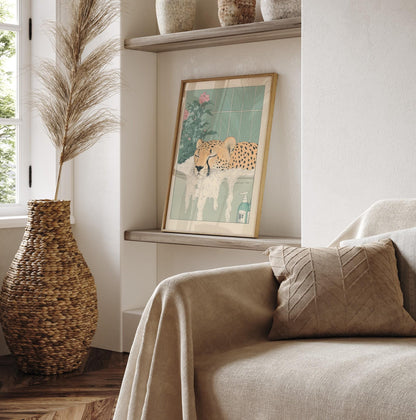 Cheetah in Bathtub Ukiyo-e Print: Funny Japandi Bathroom Art