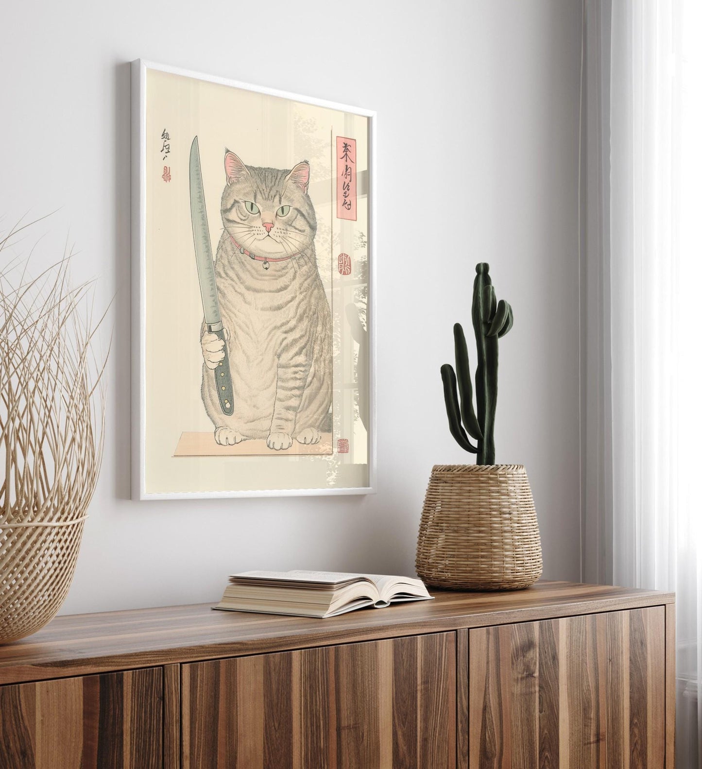 Japanese Cat Print: Funny Tabby Cat with Knife, Ukiyo-e Kitchen Art