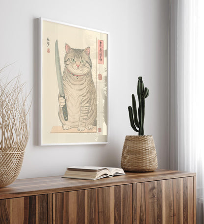 Japanese Cat Print: Funny Tabby Cat with Knife, Ukiyo-e Kitchen Art