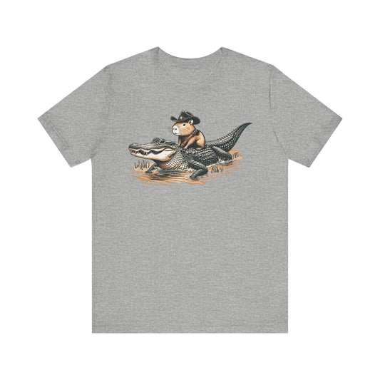 Funny Capybara Riding Alligator Shirt | Funny Animal T-shirt | Cute Reptile Tee | Humor Meme Shirts | Silly Gift Idea | Weird Hunting Tshirt