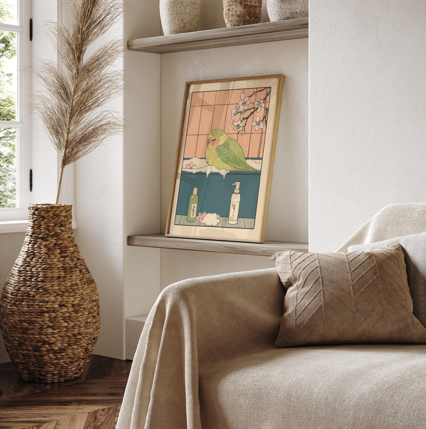 Parakeet in Bathtub Ukiyo-e Print: Funny Bird, Japandi Art