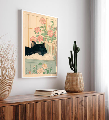 Black Cat in Bathtub: Japanese Bathroom Print, Minimalist Wall Art