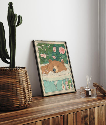 Brown Bear Bathtub Print: Japanese Ukiyo-e Art, Japandi Decor