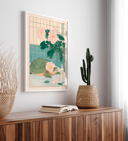 Sea Turtle Bathroom Print: Japanese Ukiyo-e Style Floral Art