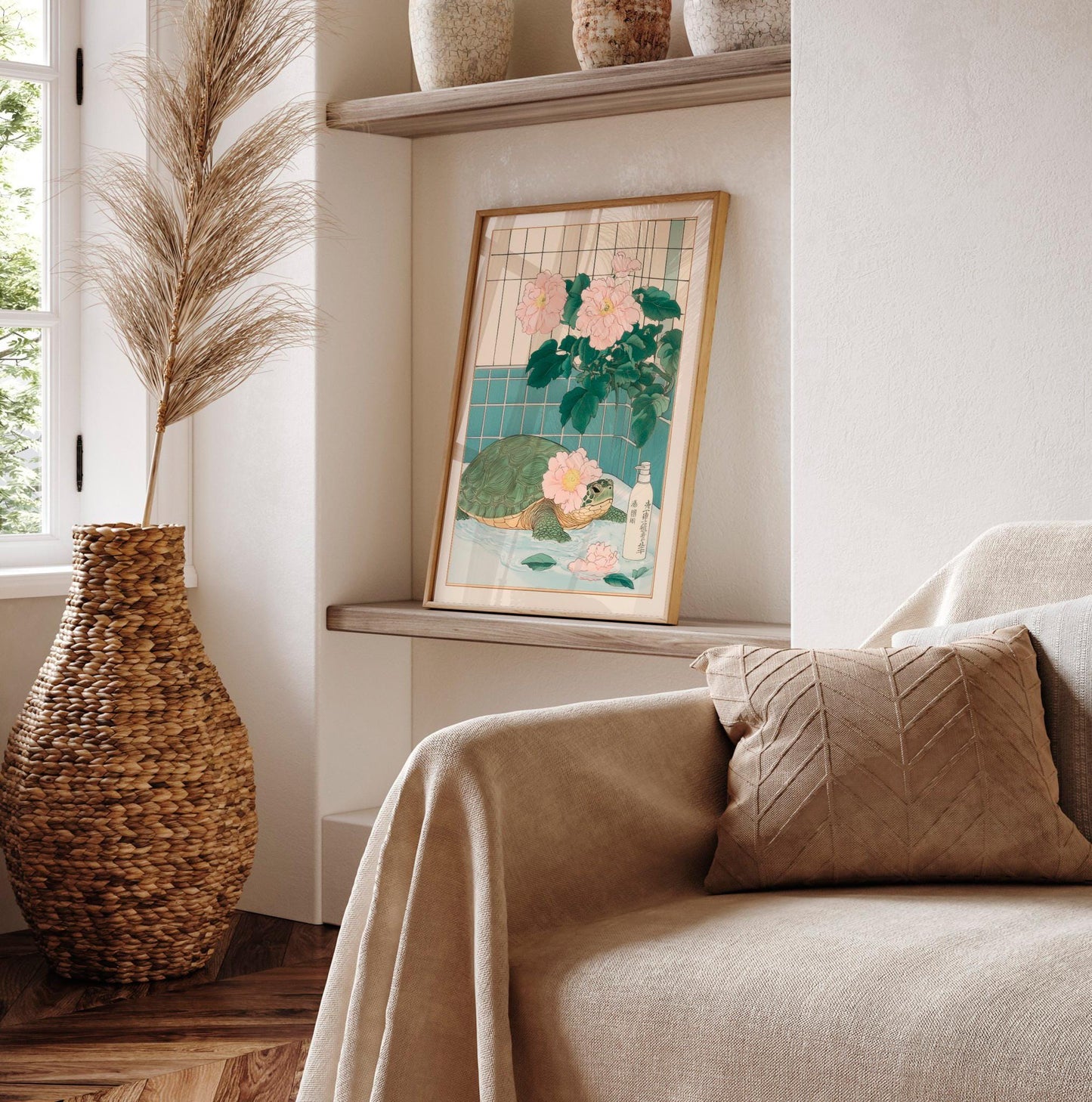 Sea Turtle Bathroom Print: Japanese Ukiyo-e Style Floral Art