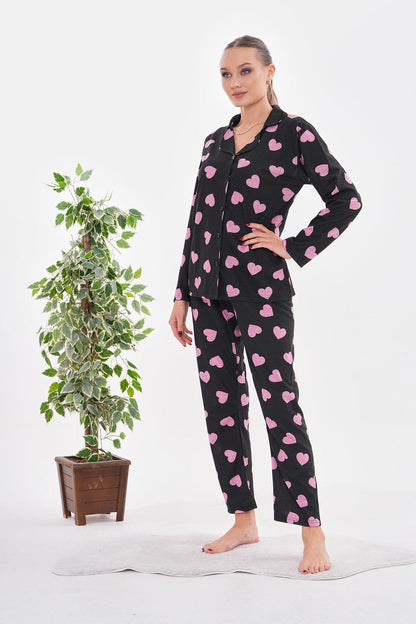 Women's Pink Heart Pajama Set – Romantic Women Pajama Button-Up Sleepwear, Cozy Loungewear with Elastic Waist for Relaxing Nights