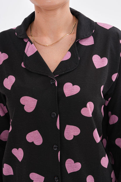 Women's Pink Heart Pajama Set – Romantic Women Pajama Button-Up Sleepwear, Cozy Loungewear with Elastic Waist for Relaxing Nights