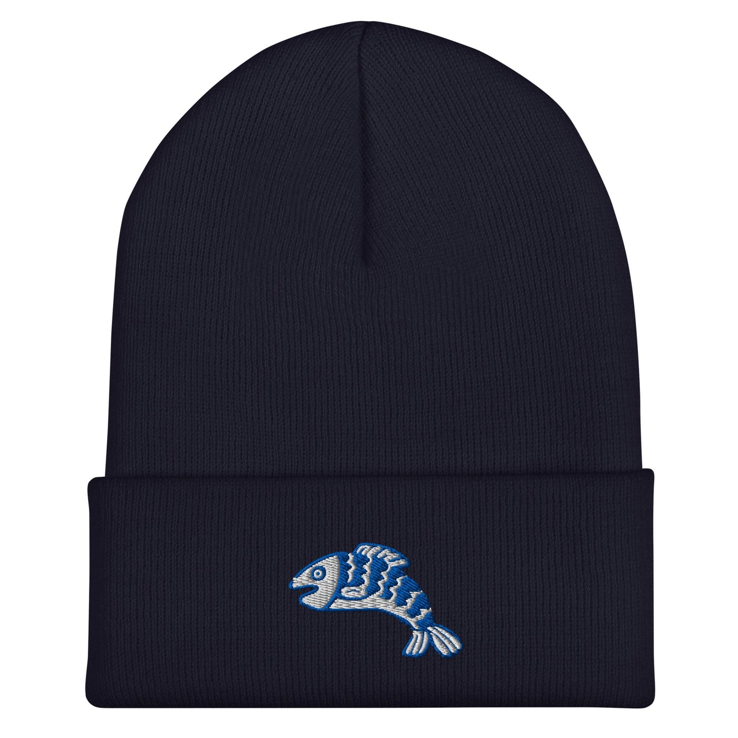 Linocut Fish Beanie, Handmade Cuffed Knit Unisex Slouchy Adult Winter Hat Cap Gift, Kawaii