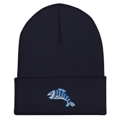 Linocut Fish Beanie, Handmade Cuffed Knit Unisex Slouchy Adult Winter Hat Cap Gift, Kawaii