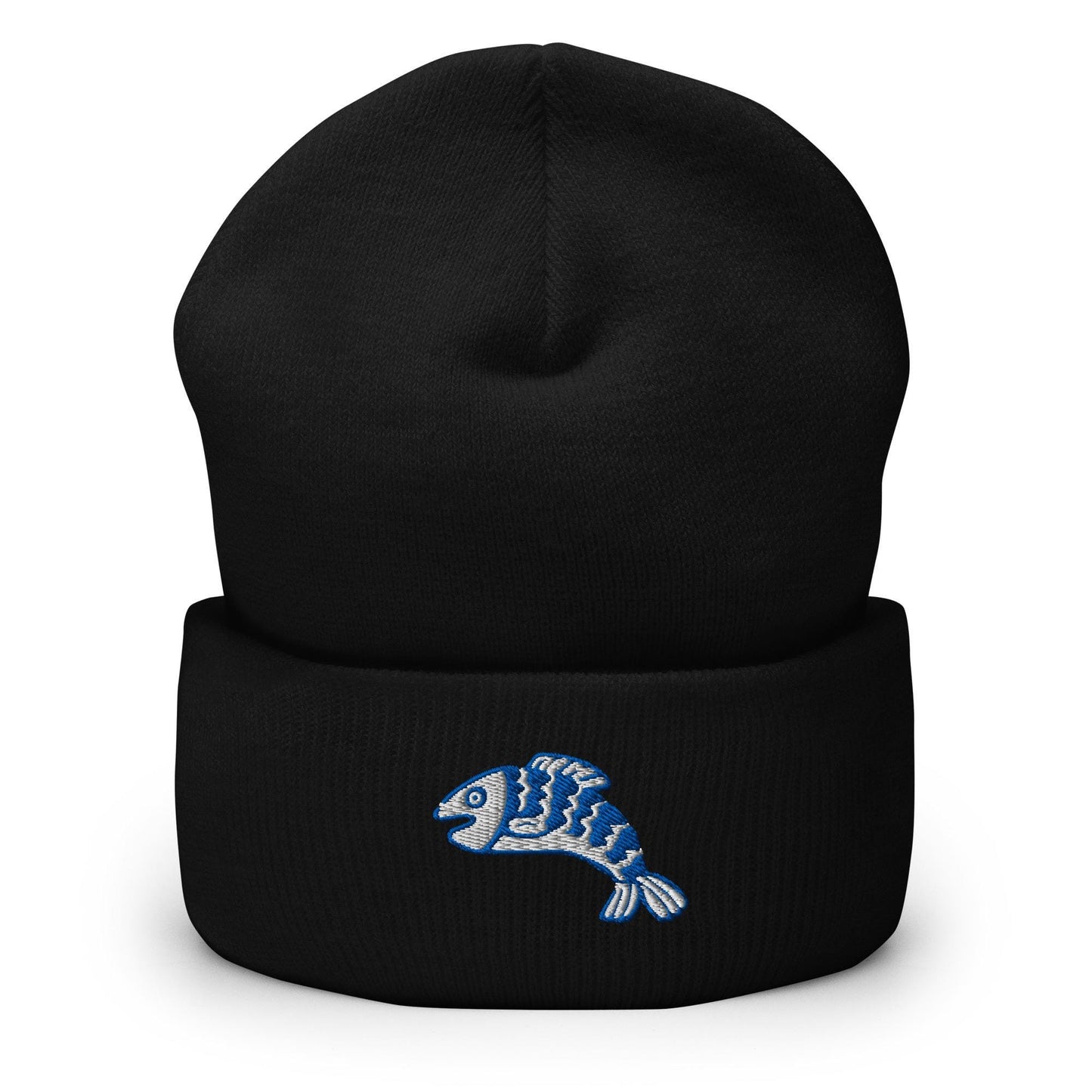 Linocut Fish Beanie, Handmade Cuffed Knit Unisex Slouchy Adult Winter Hat Cap Gift, Kawaii
