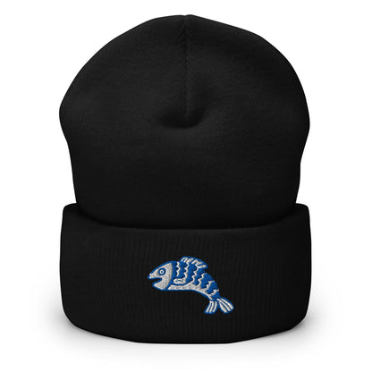 Linocut Fish Beanie, Handmade Cuffed Knit Unisex Slouchy Adult Winter Hat Cap Gift, Kawaii