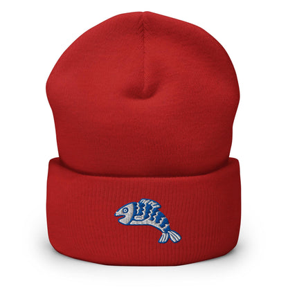 Linocut Fish Beanie, Handmade Cuffed Knit Unisex Slouchy Adult Winter Hat Cap Gift, Kawaii