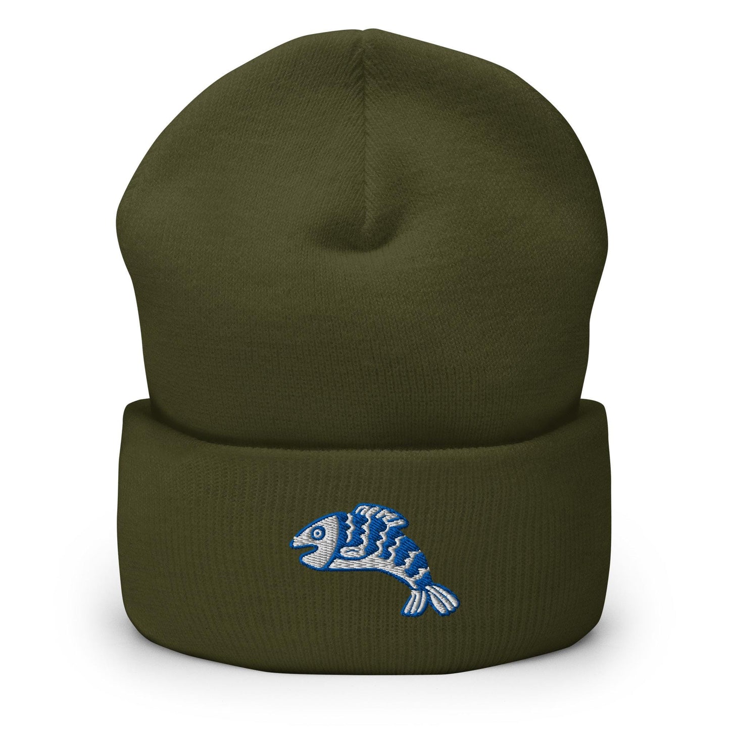 Linocut Fish Beanie, Handmade Cuffed Knit Unisex Slouchy Adult Winter Hat Cap Gift, Kawaii