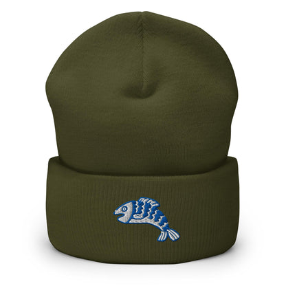 Linocut Fish Beanie, Handmade Cuffed Knit Unisex Slouchy Adult Winter Hat Cap Gift, Kawaii