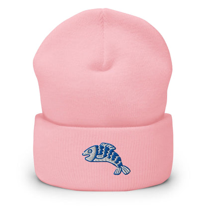 Linocut Fish Beanie, Handmade Cuffed Knit Unisex Slouchy Adult Winter Hat Cap Gift, Kawaii