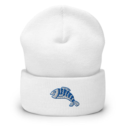 Linocut Fish Beanie, Handmade Cuffed Knit Unisex Slouchy Adult Winter Hat Cap Gift, Kawaii