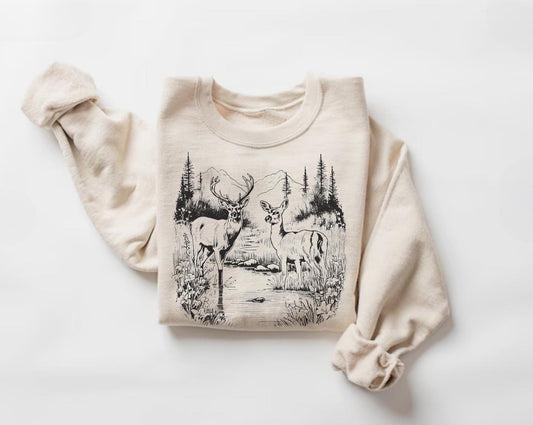 Retro Deer Wilderness Scene Unisex Sweatshirt, Buck & Doe Graphic, Nature Lover Gift, Outdoor Apparel, Wildlife Lover Clothing, Cabin Style