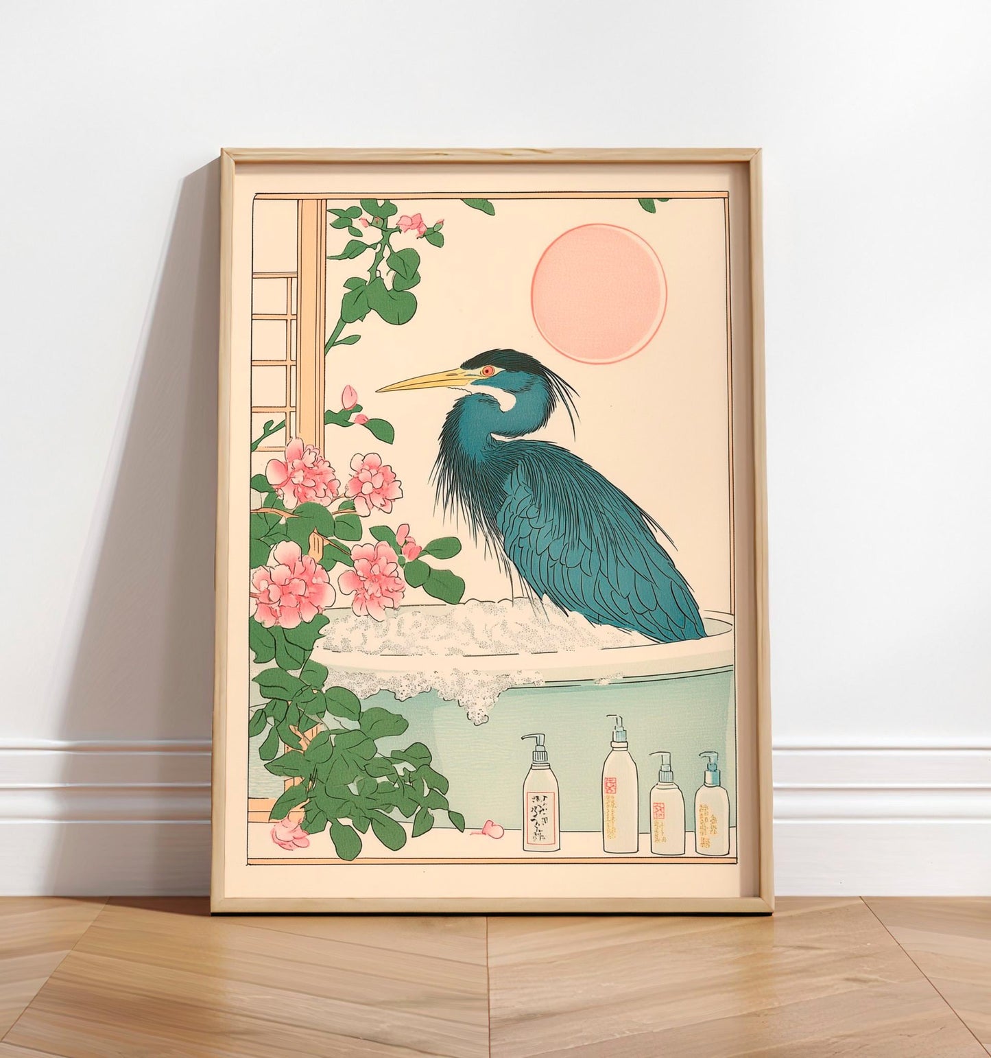 Ukiyo-e Heron in Bathtub Print: Japanese Bird Art, Minimalist Home Decor