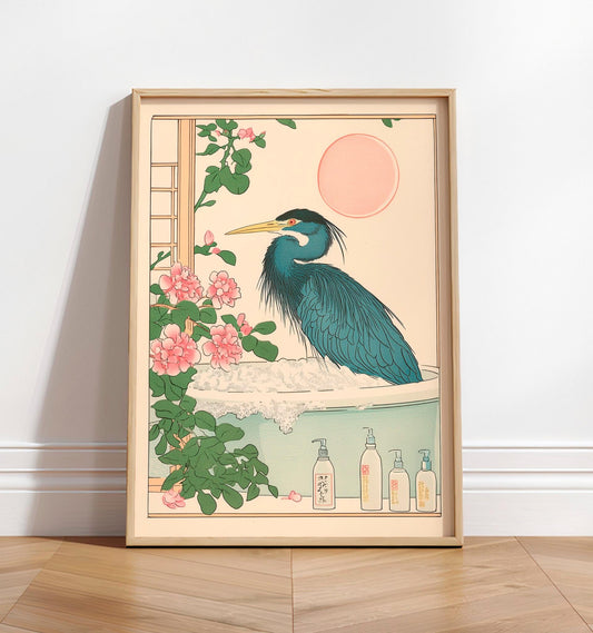Ukiyo-e Heron in Bathtub Print: Japanese Bird Art, Minimalist Home Decor