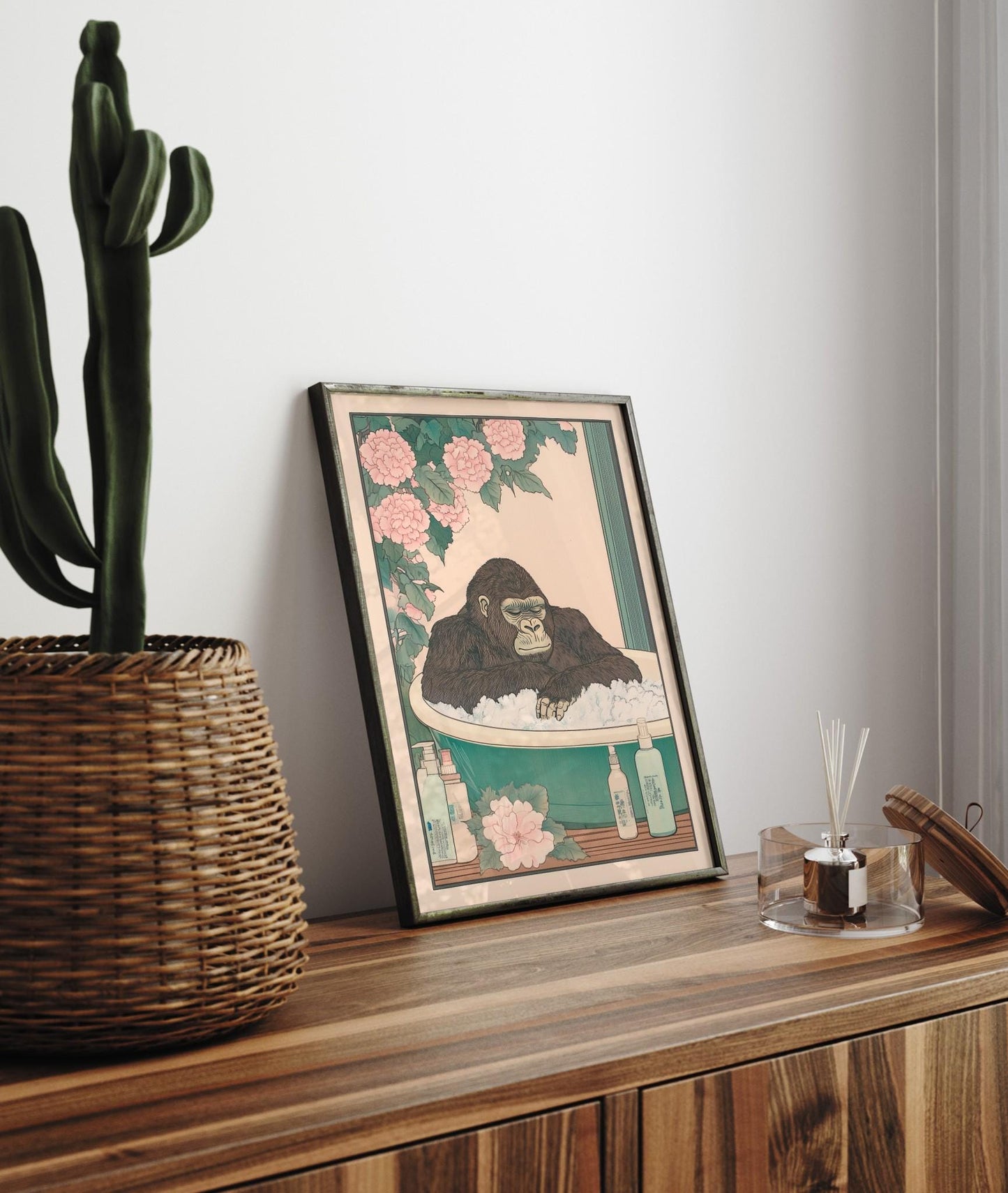 Gorilla in Bathtub Art Print: Funny Japandi Bathroom Wall Decor