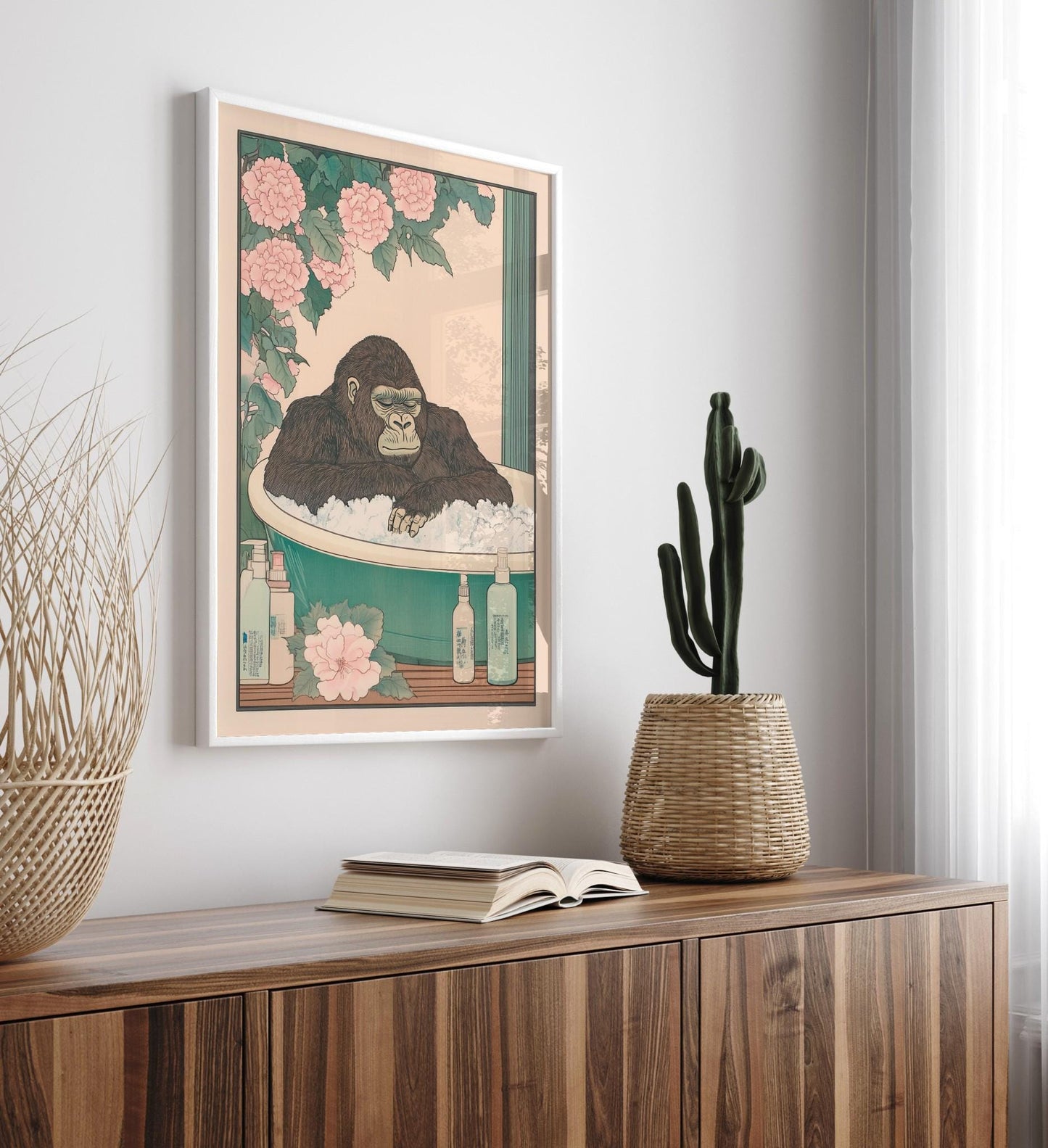 Gorilla in Bathtub Art Print: Funny Japandi Bathroom Wall Decor