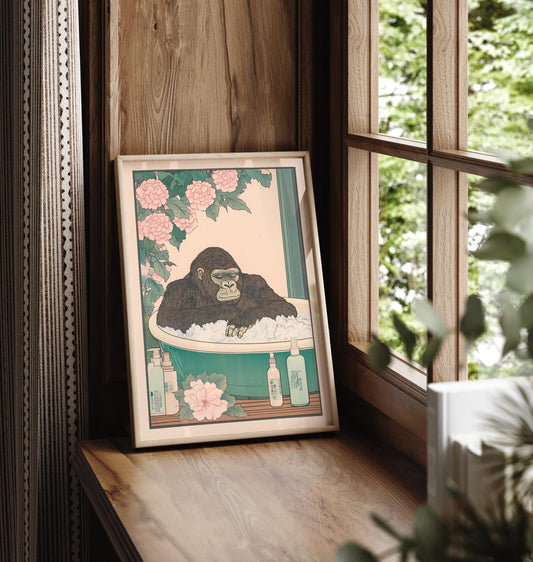Gorilla in Bathtub Art Print: Funny Japandi Bathroom Wall Decor