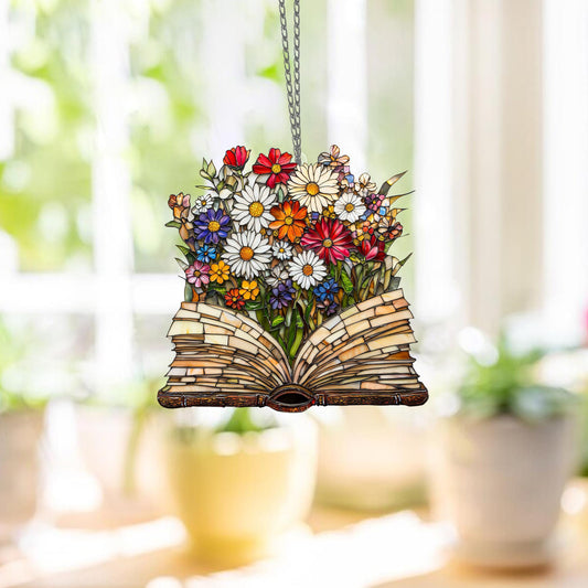 Floral Book  ACRYLIC Window Hanging, Book Lover decor, Gift for her, Book Club Gift, Book Reader Gifts, Book Club Ornament Wall Art