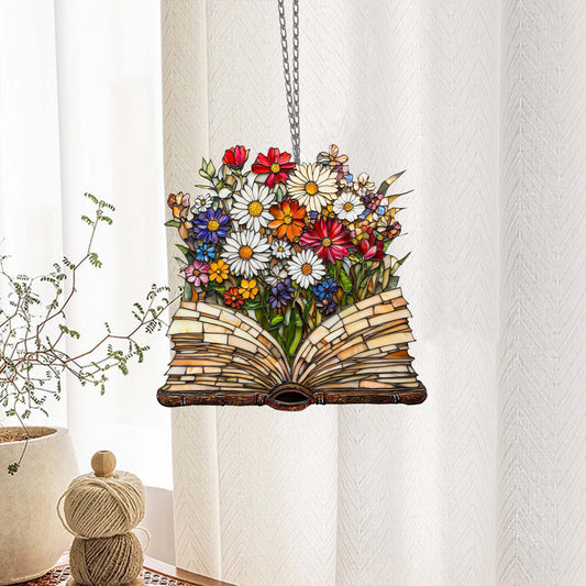 Floral Book  ACRYLIC Window Hanging, Book Lover decor, Gift for her, Book Club Gift, Book Reader Gifts, Book Club Ornament Wall Art