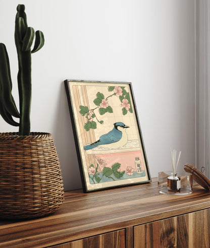 Blue Jay in Bathtub Print: Japanese Bathroom Art