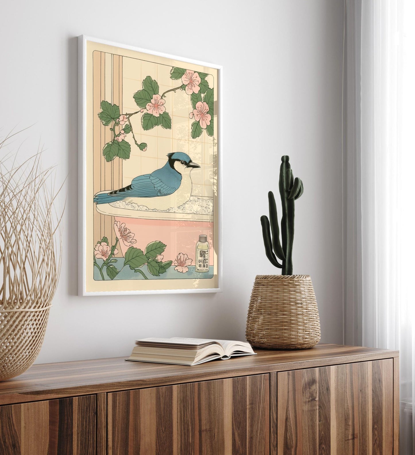 Blue Jay in Bathtub Print: Japanese Bathroom Art