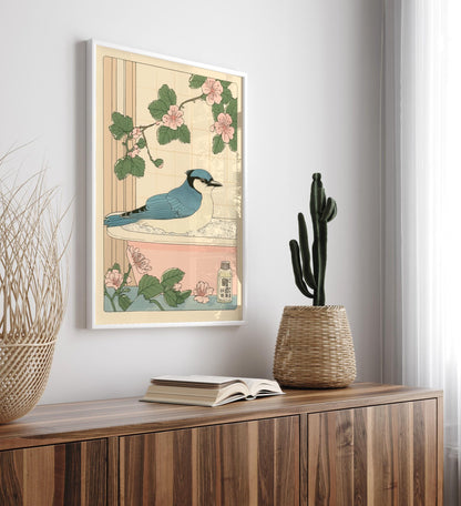Blue Jay in Bathtub Print: Japanese Bathroom Art